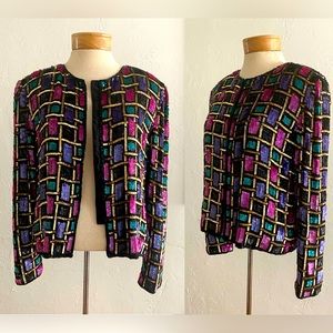 CHIC VTG PAPELL BOUTIQUE EVENING CHECKERED SEQUIN & BEADED SILK JACKET SIZE 8